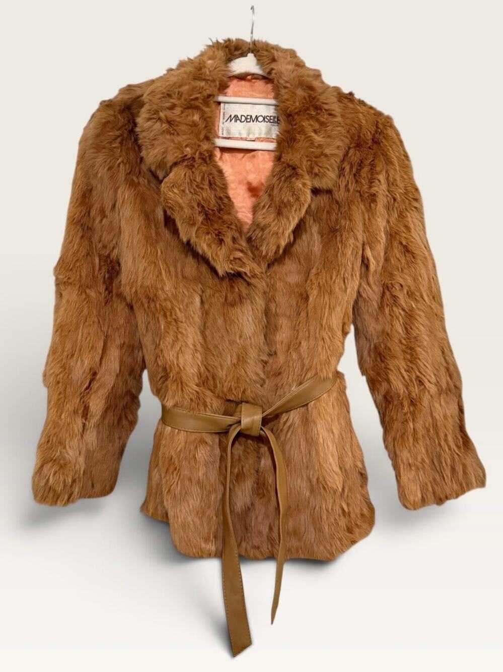 Vintage 70s Mademoiselle Reddish Brown Genuine Rabbit Fur Belted Jacket Large